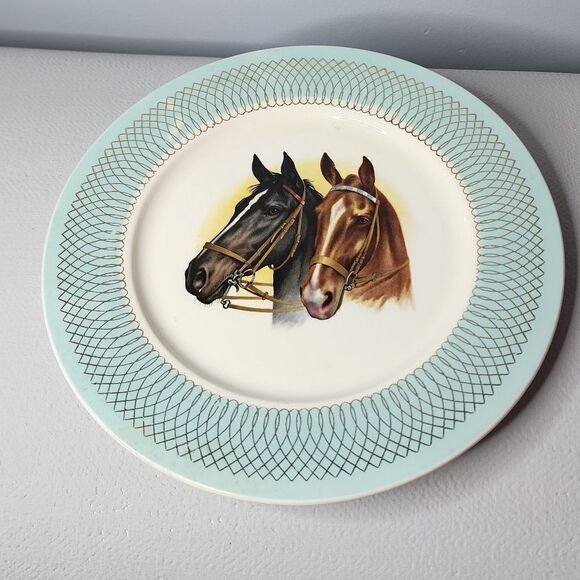 Pair of Horse Heads Decorative Plate Turquoise Rim Taylor Smith & Taylor - Picture 5 of 5